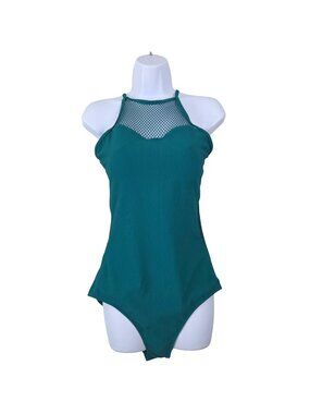 Womens Large Teal Mesh High-Neck One-Piece Swimsuit Ribbed Texture Side Cutouts